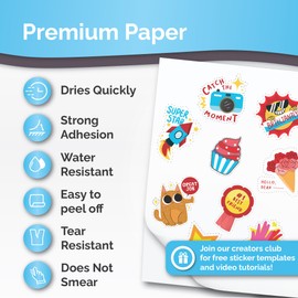 Premium Printable Vinyl Sticker Paper for Inkjet & Laser Printer - 56 Sheets - Glossy White - Self-Adhesive Waterproof Sheets - Dries Quickly & Vivid Colors - Holds Ink Well - Tear Resistant