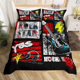 Manfei Rock Roll Duvet Cover Set Twin Size, Headset Guitar Bedding Set for Kids Boys Teens Bedroom Decor, Music Theme Comforter Cover Graffiti Style Bedspread Cover with 1 Pillowcase, No Filler