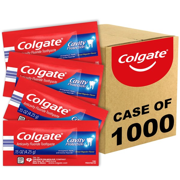 Colgate Cavity Protection Toothpaste with Fluoride, Great Regular Flavor, Travel Size Toothpaste, 0.15 Ounce Sachet, 1000 Pack