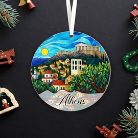 ShelbyShops Athens Acrylic Ornament - Athens Greece Stained Glass Style Ornament - Christmas Vacation Gift - Gift for Trip Lover - Travel Greece Keepsake - Acrylic - 3.5 Inch
