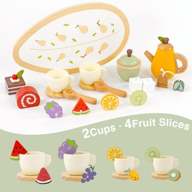 PairPear Wooden Tea Party Set for Little Girls 20pcs Pretend Play Fruit Tea Set with Pear Teapot, Dessert & Citrus Slices, Kids Kitchen Accessories Wooden Toys Food for Toddlers & Kids 3+