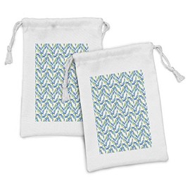 Ambesonne Leaves Fabric Pouch Set of 2, Tropical Plantation Branches Summer Time Island Botany Painted by Hand, Small Drawstring Bag for Toiletries Masks and Favors, 9" x 6", Sky Blue Green and White