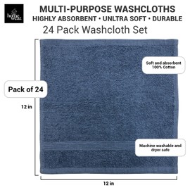 Homewear High Rise Stripe Wash Cloth Set, 12 x 12 Inch - 100% Cotton - Pack of 24, Premium Quality, Gentle and Soft - White-Sand-Indigo