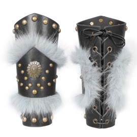 HOMELEX Leather Fur Gauntlet Wristband Medieval Bracers Viking Wrist Renaissance Warrior Costume Accessories 2PCS Black