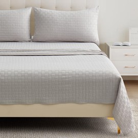 Woven Grid Soft King Size Sheet Set - Comfortable & Breathable 4 Piece Bed Sheets with 1 Fitted Sheet,1 Flat Sheet & 2 Pillowcases - Deep Pocket Up to 18 Inches(Light Grey)
