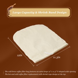 GRONGU Cold Brew Coffee Filter Bag Compatible with Toddy Cold Brew System, Large 12in x 11in Organic Cotton Reusable Coffee Filter with Easy Open Drawstring Fits for Mason Jars, Pitchers, 1 Pack