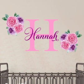 Name and Initial Flowers Wall Decal - Kids Wall Decor - WM1314 -Custom Name Removable Nursery Wall Decal for Girl - Flower Mural Wall Decal for Girls Bedroom - Flowers Name Sticker Decor