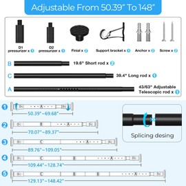 AIZESI Black Tension Curtain Rod 51-144In (4.25-12Ft), Extra Long No-Drill Adjustable Rod for Window Bathroom Shower Patio, Heavy Duty Spring Tension Rod, Never Rust Easy Install, 1.26In Diameter