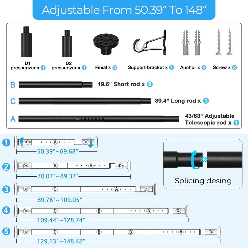 AIZESI Black Tension Curtain Rod 51-144In (4.25-12Ft), Extra Long No-Drill