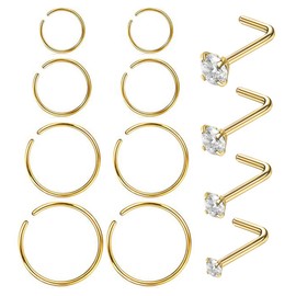 Masedy Nose Rings 12Pcs 20G 316L Stainless Steel L Shaped Nose Studs Cartilage Tragus Septum Piercing Gold