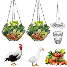 Hanging Chicken Feeder,Foldable Large Poultry Accessories Vegetable Fruits Feeder Basket with 4 Firm Hanging Chain and Hook,Chicken BoredomToys for Coop (2 Pack)