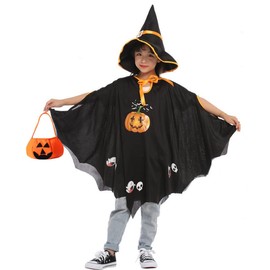 Ansimple Halloween Costume, 3-Piece Set, Cloak, Hat, Pumpkin Bag, Witch, Devil, Shrine Maiden, Ghost, Pumpkin, Kids, Unisex, Popular, Cosplay, Events, Parties, Costume, Recitals, Performances, (Black)