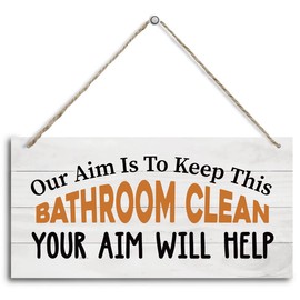 HALUOSI Rustic Wooden Sign, 12 x 6 inches, Our Aim is to Keep This Bathroom Clean, Wall Mount, Brown