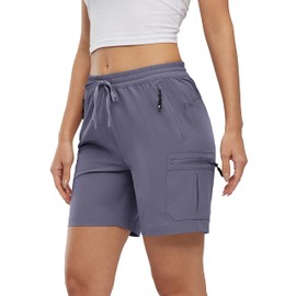 Rdruko Womens Cargo Shorts Drawstring Elastic Waist Summer Quick Dry Stretch Outdoor Shorts for Work Travel Golf Hiking Walking Grey Purple XL