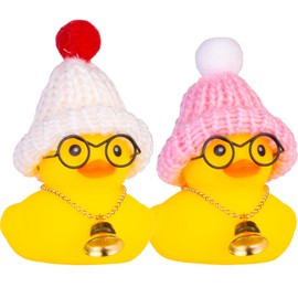 CoFuBcad Car Rubber Ducks Dashboard Decoration 2 Pack Winter Ducks Car Ornaments Accessories with Mini Beanie Hats, Necklaces and Sunglasses(G3)