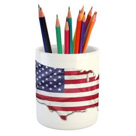 Lunarable US Map Pencil Pen Holder, Patriotic Concept National Flag in Country Map Shape Graphic, Ceramic Pencil Holder for Desk Office Accessory, 3.6" X 3.2", Dark Indigo Dark Pink