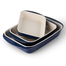 Tramontina Mae 3-Piece Ceramic Porcelain Baking Pans Set, Non Stick Casserole Dishes for Oven, Rectangular Bakeware for Lasagna, Cakes and Loafs (Cobalt)