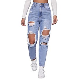 LINUMIN Women's High Waist Straight Leg Ripped Jeans Distressed Denim Pants (Blue, M)