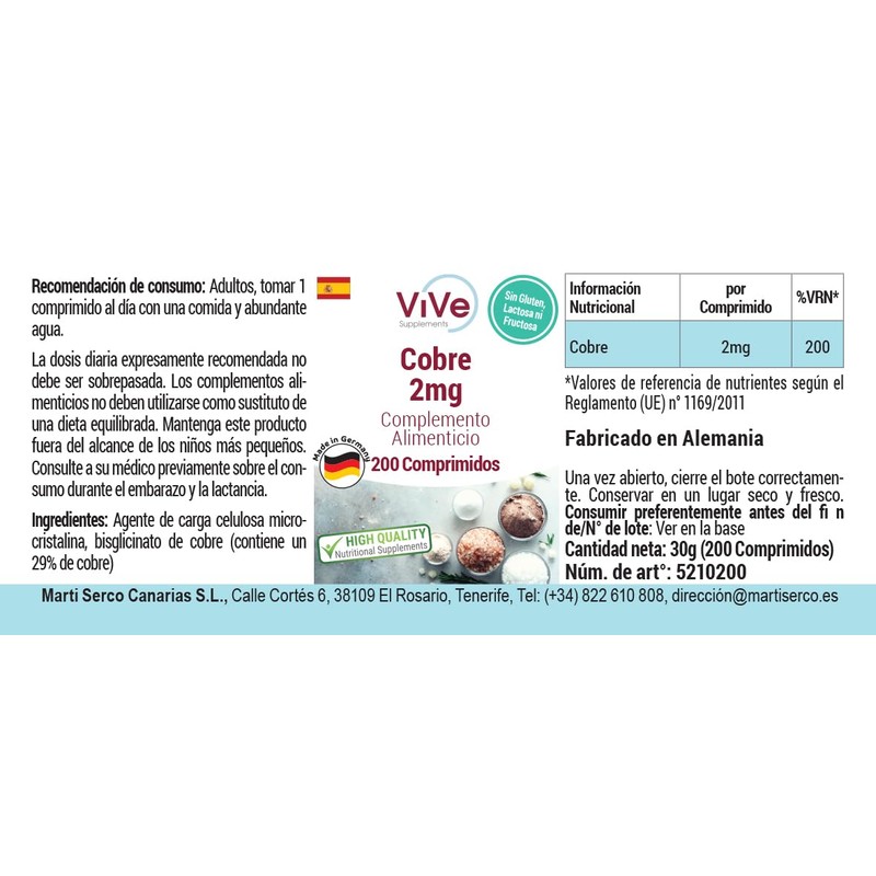 Kupfer 2mg - 200 Tabletten - Kupferbisglycinat - Hochdosiert -