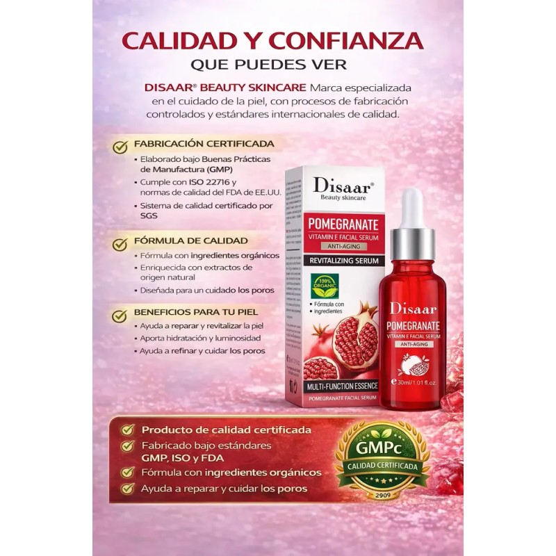 Suero Facial Antiarrugas, Hidratante, Granada, Vitamina E