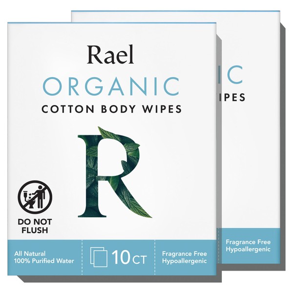 Rael Body Wipes, Organic Cotton Wipes for Women - Unscented Body Wipes, Individually Wrapped, All Skin Types, Vegan, Cruelty Free (10 Count, Pack of 2)