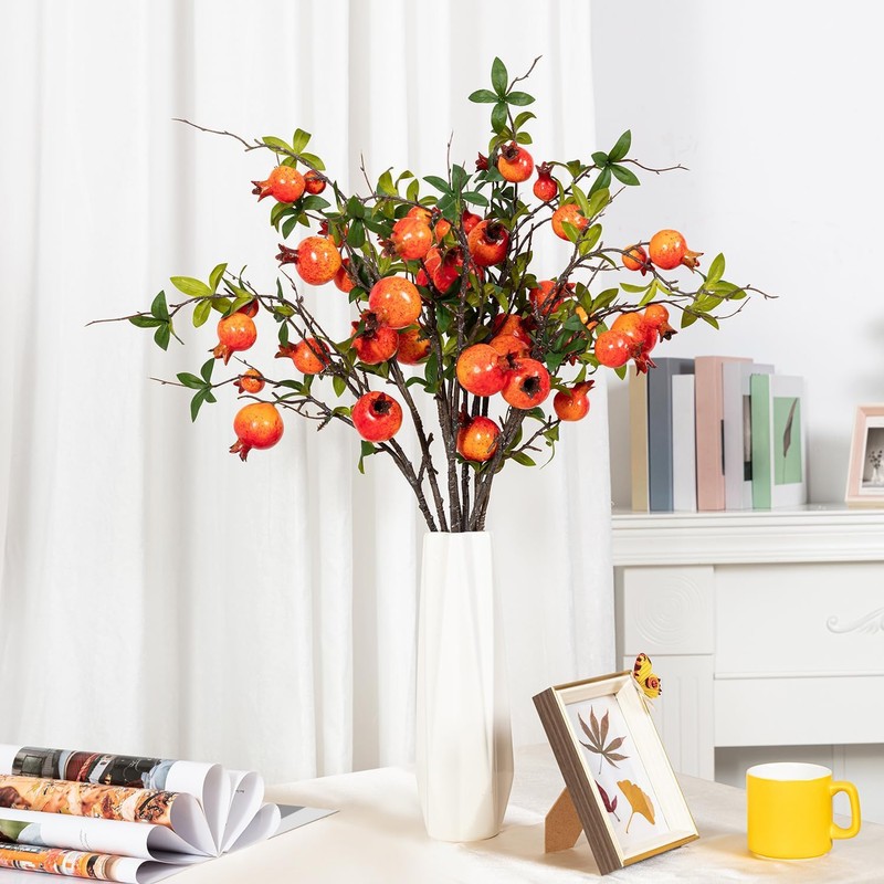 Artificial Pomegranate Branches,4Pcs Faux Fruit Stems for Home Decor,31.5IN