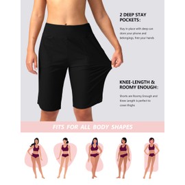 Viodia Women's 11" Long Swim Board Shorts with Pockets Modest Bathing Suit Swimsuits Knee Length Short for Women with Liner Black