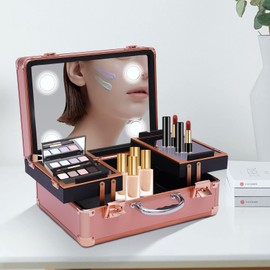 SNKOURIN Travel Makeup Bag with Mirror, Large Capacity Cosmetics Organizer Bag with Adjustable Dividers, Ideal Gift for Mother's Day, Valentine's Day, Christmas Birthday, Pink