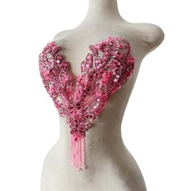 Pure Handmade Rhinestone Fringe Patch Trim Crystal Beaded Applique for Sewing Crafts Wedding Party Decoration Bridal Dress Accessories 14.5X14inches (Pink)