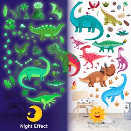DECOWALL GDS4-8087 Glow in The Dark Dinosaur Wall Stickers Decals Kids Room Removable Dino Décor for Boys Classroom Bluey Art Bedroom Nursery