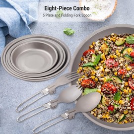 Aomiun Camping Utensil Set, Titanium Plate and Folding Fork Spoon Lightweight Outdoor Tableware for Camping Fishing Hiking Picnic