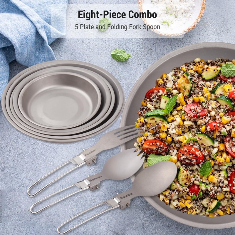 Aomiun Camping Utensil Set, Titanium Plate and Folding Fork Spoon