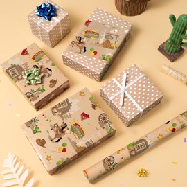WERNNSAI Western Gift Wrapping Paper Roll - 1 Roll 17” x 33 ft Western Cowboy Birthday Wrapping Paper Brown Baby Boy Gift Wrap Paper for Birthday Party Wrap Favor, Reversible Polka Dot Design