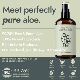 Aethere Gel De Aloe Vera Para Rostro, Piel Y Cabello - Alivio De Quemaduras Solares - Aloe Vera Orgánico Prensado En Frío - Cultivado Y Cosechado En Texas - Ee. Uu. - 3 Onzas Líquidas (Paquete De