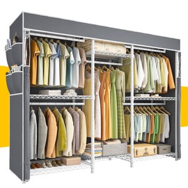 Raybee Clothes Rack with Cover,Heavy Duty Clothing Rack Loads 905 LBS,Portable Closet for Hanging Clothes,Wardrobe Closet,White,75" W*17.8" D*77" H