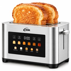 KOK 2 Slice Touch Screen Toaster, Stainless Steel Smart Toaster with 1.6” Extra Wide Slots, 6 Browning Levels & 5 Bread Presets, Digital Timer Defrost Reheat Cancel, Removable Crumb Tray for Kitchen