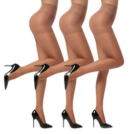 EVERSWE 3 Pairs Women's Sheer Pantyhose 20D, High Waist Control Top Pantyhose Hosiery (Brown, XL)