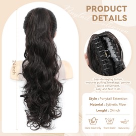 JoryJazzy 24" Ponytail Extension, Long Curly Wavy Claw Clip and Natural-Looking Synthetic Hairpiece, Voluminous Pony TailHair Extensions for Women Daily Wear. (Dark Brown, 24Inch)