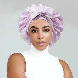 Satin Bonnet Silk Sleep Cap Hair Bonnets for Women Stretchy Tie Band for Curly Hair Silk Hair Wrap(Bean Paste + Lavender)