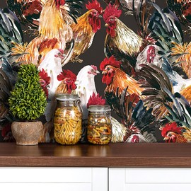 Livelynine 17.5x276" Black Chicken Wallpaper Peel and Stick for Kitchen Cabinet Covering Vinyl Kitchen Wall Paper Waterproof Removable Farmhouse Rustic Brown Contact Paper Dishwasher Cover Boho Chic