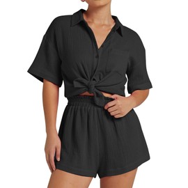 Flygo Womens Casual 2 Piece Outfits Cotton Linen Sets Button Down Oversized Shirt Shorts 2025 Pajama Lounge Beach Set(Black-Medium)