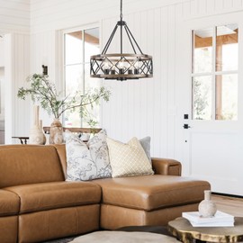 20'' Farmhouse Chandeliers for Dining Room, 5-Light Metal Wood Texture Kitchen Island Lighting, Rustic Drum Chandelier Hanging Light Fixture for Foyer Bedroom Living Room Entryway