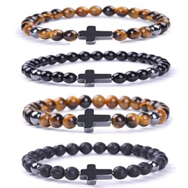 Crgwxzl 4PCS Cross Bead Bracelet for Men,6mm 8mm Tiger Eye, Black Obsidian Healing Crystal Beaded Bracelets,Natural Protection Stone Bracelets Jewelry Gifts for Men Women