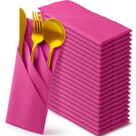 Qilery 50 Pieces Paper Linen Napkins, Disposable Airlaid Paper Napkins Prefolded Dinner Napkins with Built in Flatware Pocket for Silverware Valentine Wedding Party Christmas Day (Hot Pink)