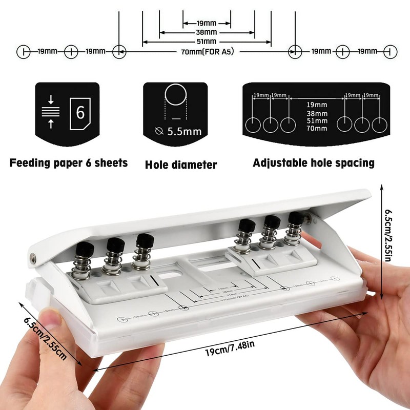 BATINO 6 Hole Punch, Hole Puncher A4 A5 Adjustable Pitch