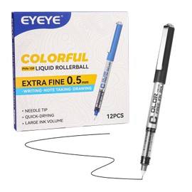 EYEYE Black Rollerball Pens 0.5mm Needle Tip, 12 Pack Extra Fine Point Roller Ball Pen Quick Dry, Liquid Ink Pens Fine Point Smooth Writing Pen for Journaling, Note Taking, Office, School Supplies