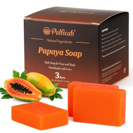 PALFICAB Papaya Soap for Reduce Acne & Even Skin Tone, All Natural Organic Papaya Facial Bar Soap with Vitamin C, Shea Butter, Aloe Vera - for All Skin Types, Paraben Free and Vegan, 3 Bars