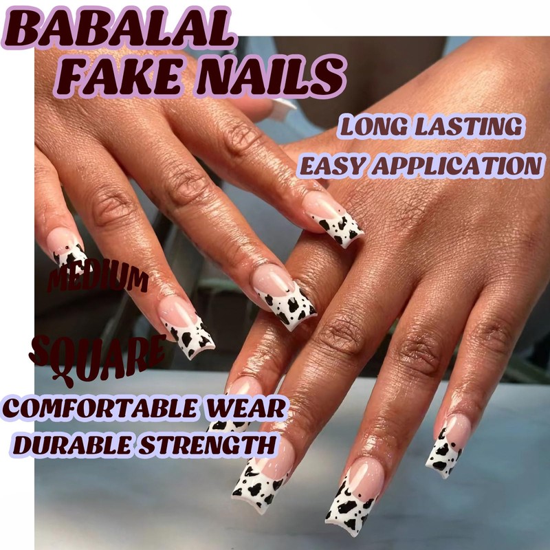BABALAL Square Press on Nails Medium Fake Nails Cow Print