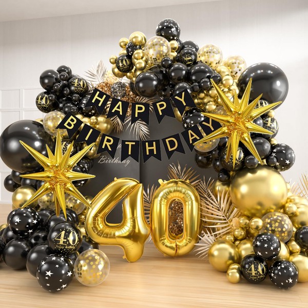 40th Birthday Balloons Garland Arch Kit, 152pcs Black Gold Balloons