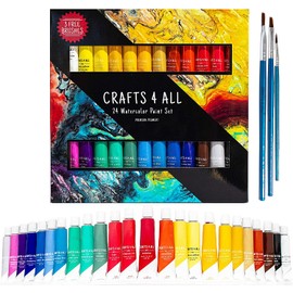 Crafts 4 ALL Watercolour Paint Set - 24 Pack of Premium Quality Watercolours for Kids, Artists, Students, and Beginners – Vibrant Paints w/ 3 Bonus Water Colour Paintbrushes